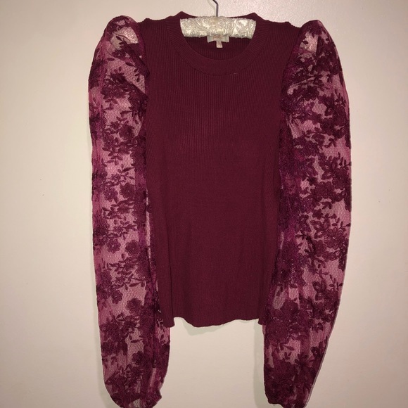 Peach Couture Sweaters - Peach crewneck Ribbed sweater burgundy size large Puffy Floral Sheer Lace sleeve